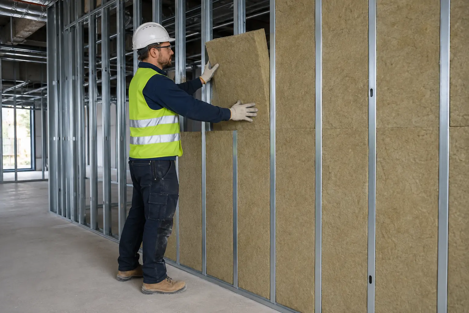 Installer placing acoustic insulation within commercial metal-stud partitions