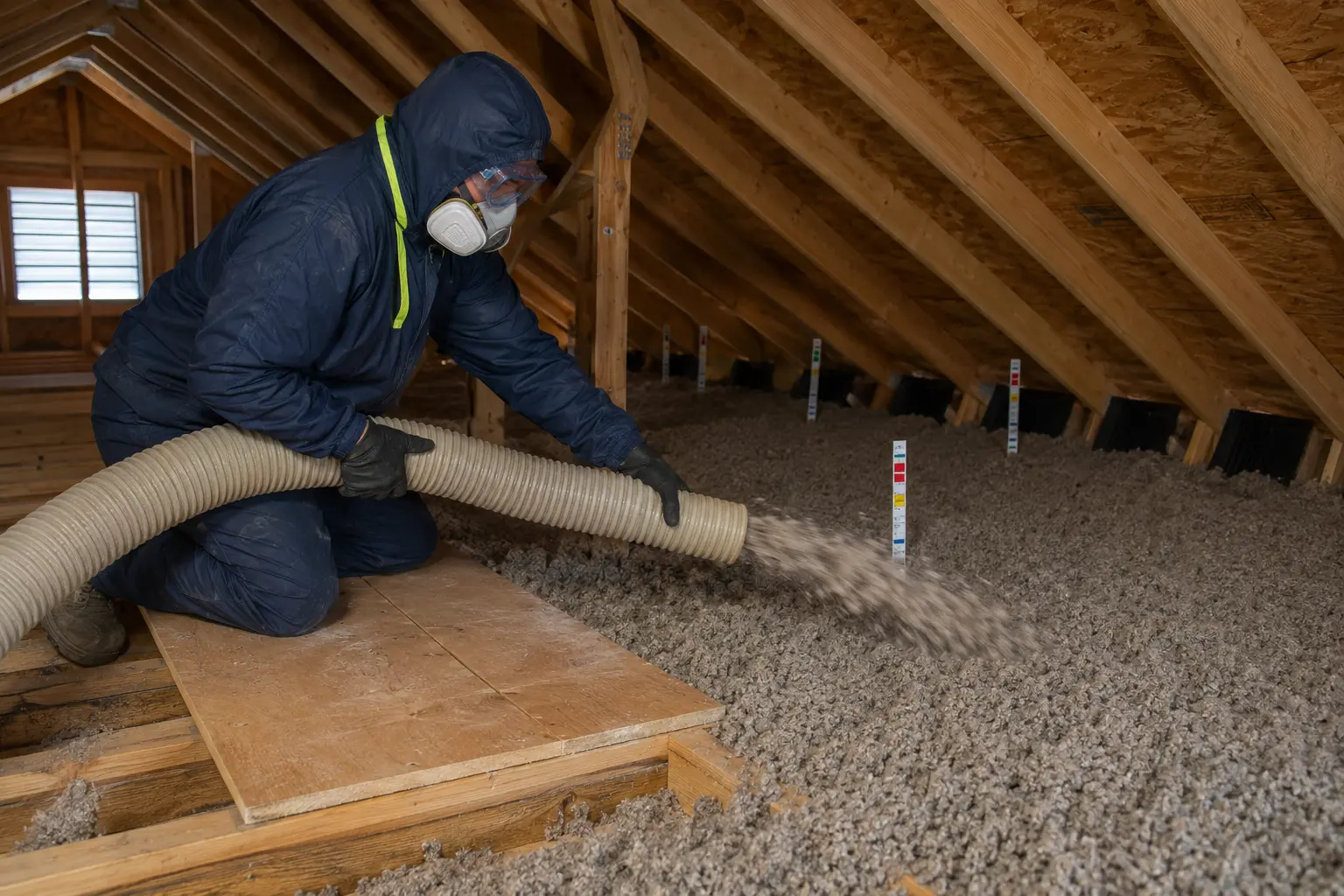 Installer placing blown-in insulation evenly across an attic floor
