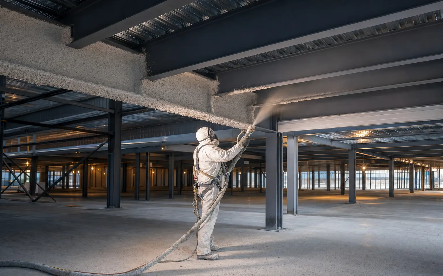 Commercial installer applying fire-resistive material to structural steel
