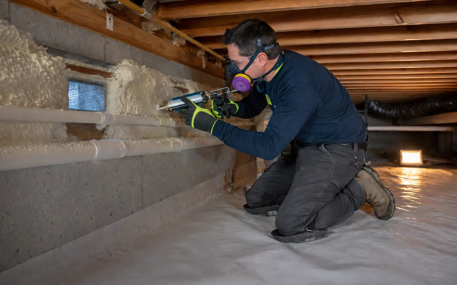 Building-performance technician inspecting and air sealing a residential crawl space