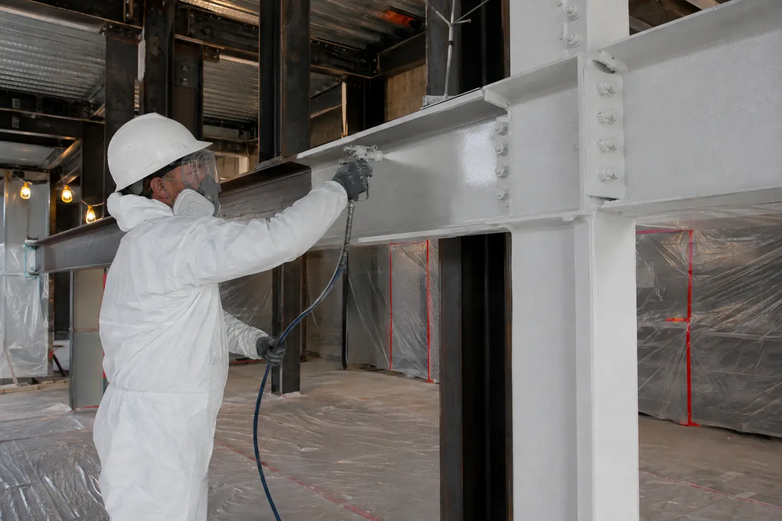 Specialist applying intumescent fireproofing coating to structural steel