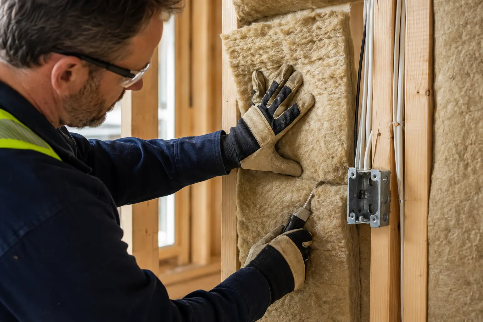 Installer carefully fitting insulation into an open residential wall assembly
